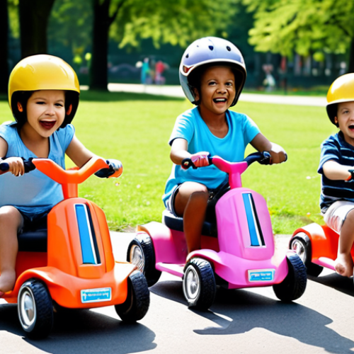 Home 11 **
A group of diverse children joyfully playing with various ride-on toys (pedal cars, electric cars, scooters) in a safe park setting. Focus on expressions of excitement, physical activity, and social interaction. Include safety elements like helmets.
**