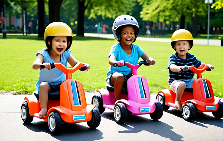 **
A group of diverse children joyfully playing with various ride-on toys (pedal cars, electric cars, scooters) in a safe park setting. Focus on expressions of excitement, physical activity, and social interaction. Include safety elements like helmets.
**