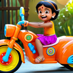 ** A child's ride-on toy decorated with "Chhota Bheem" themed stickers, showcasing a joyful expression. Focus on vibrant colors and playful design.

**