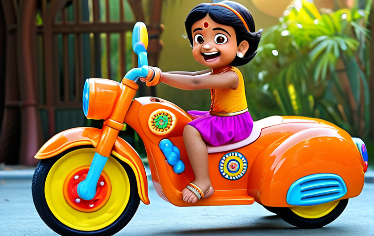 ** A child's ride-on toy decorated with "Chhota Bheem" themed stickers, showcasing a joyful expression. Focus on vibrant colors and playful design.
**