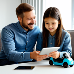 A professional and caring parent, fully clothed in modest, comfortable attire, is attentively engaging with a user-friendly live chat interface on a tablet. They are seated in a brightly lit, modern living room, with a colorful ride-on toy (such as a small electric car or scooter) visibly placed nearby, suggesting a child's presence. The tablet screen displays a helpful customer service representative. The atmosphere is peaceful and efficient, focusing on problem resolution. This image features professional photography, high-resolution, sharp focus, natural lighting, perfect anatomy, correct proportions, well-formed hands, proper finger count, natural body proportions, safe for work, appropriate content, fully clothed, and family-friendly.