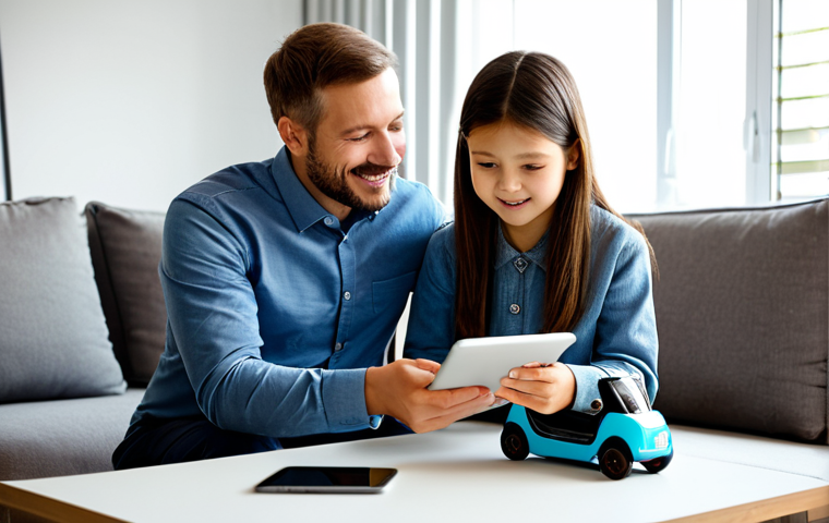 A professional and caring parent, fully clothed in modest, comfortable attire, is attentively engaging with a user-friendly live chat interface on a tablet. They are seated in a brightly lit, modern living room, with a colorful ride-on toy (such as a small electric car or scooter) visibly placed nearby, suggesting a child's presence. The tablet screen displays a helpful customer service representative. The atmosphere is peaceful and efficient, focusing on problem resolution. This image features professional photography, high-resolution, sharp focus, natural lighting, perfect anatomy, correct proportions, well-formed hands, proper finger count, natural body proportions, safe for work, appropriate content, fully clothed, and family-friendly.