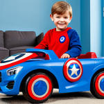 A young child, approximately 5 years old, in a bright, clean indoor play area. The child is standing next to a detailed and sturdy Captain America themed ride-on car, designed with high-quality, non-toxic red and blue plastic and a robust chassis. The focus is on the toy's durable construction, secure wheels, and professional finish, showcasing its safety and build quality. The child is fully clothed in age-appropriate, modest playwear, looking at the car with a gentle smile. The setting is well-lit, emphasizing product photography aesthetics. safe for work, appropriate content, fully clothed, professional, perfect anatomy, correct proportions, natural pose, well-formed hands, proper finger count, natural body proportions, high quality.