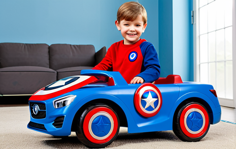 A young child, approximately 5 years old, in a bright, clean indoor play area. The child is standing next to a detailed and sturdy Captain America themed ride-on car, designed with high-quality, non-toxic red and blue plastic and a robust chassis. The focus is on the toy's durable construction, secure wheels, and professional finish, showcasing its safety and build quality. The child is fully clothed in age-appropriate, modest playwear, looking at the car with a gentle smile. The setting is well-lit, emphasizing product photography aesthetics. safe for work, appropriate content, fully clothed, professional, perfect anatomy, correct proportions, natural pose, well-formed hands, proper finger count, natural body proportions, high quality.