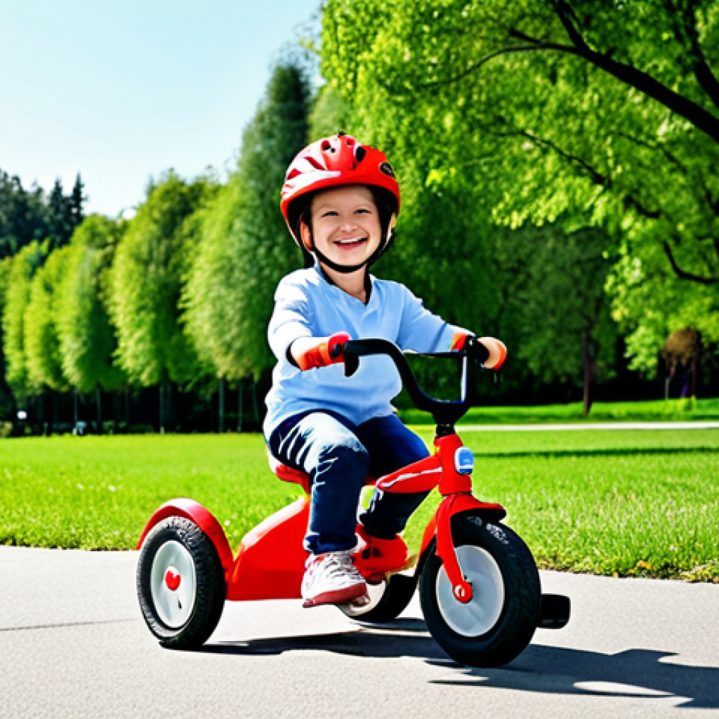 **

A young, fully clothed child (approximately 4 years old) wearing a helmet and knee pads, riding a bright red tricycle on a paved park path, surrounded by green grass and trees, under a sunny sky. The child is smiling and appears to be enjoying themselves. Safe for work, appropriate content, family-friendly, perfect anatomy, natural proportions.

**