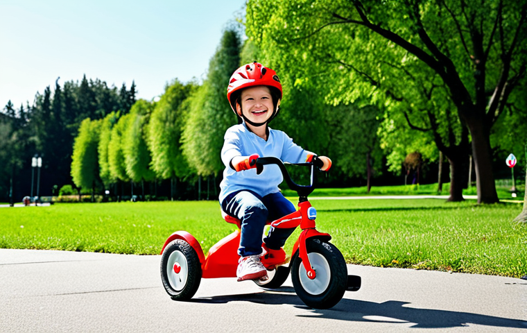 **
A young, fully clothed child (approximately 4 years old) wearing a helmet and knee pads, riding a bright red tricycle on a paved park path, surrounded by green grass and trees, under a sunny sky. The child is smiling and appears to be enjoying themselves. Safe for work, appropriate content, family-friendly, perfect anatomy, natural proportions.
**