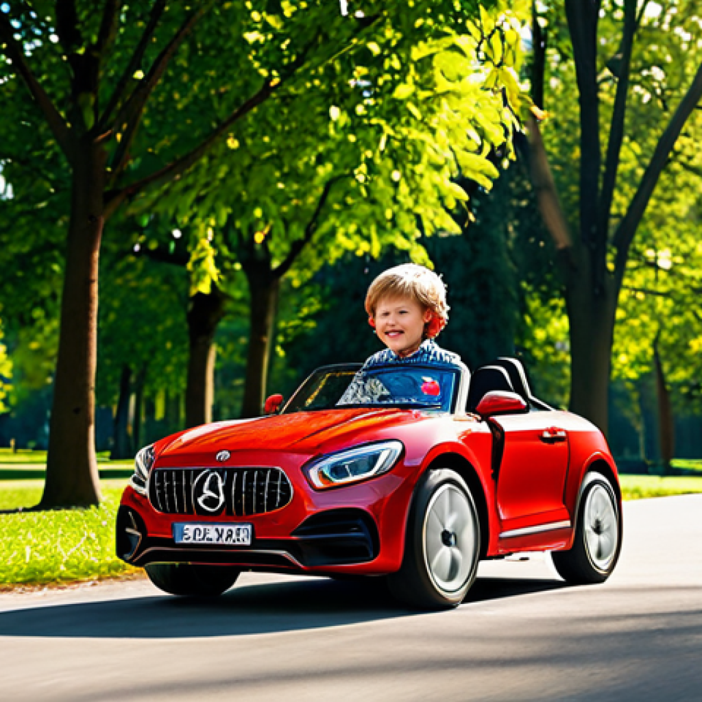 승용완구 지마켓 세일 - A happy child riding a red ride-on car in a park, surrounded by trees, sunny day, fully clothed, saf...