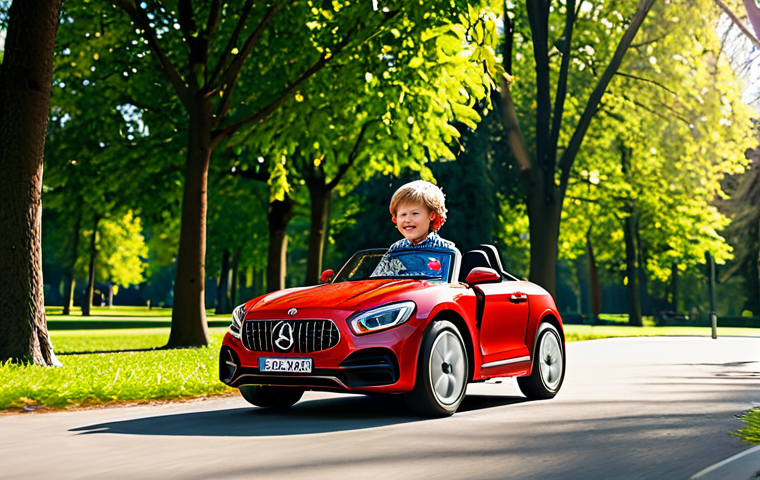 승용완구 지마켓 세일 - A happy child riding a red ride-on car in a park, surrounded by trees, sunny day, fully clothed, saf...