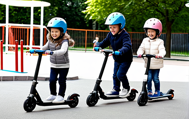 승용완구 지마켓 세일 - A happy child riding a red ride-on car in a park, surrounded by trees, sunny day, fully clothed, saf...
