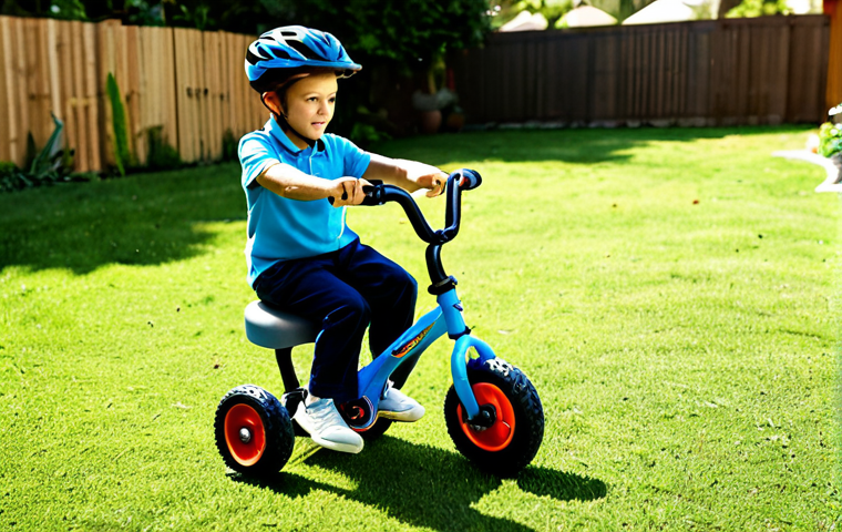 승용완구 지마켓 세일 - A group of children playing with ride-on scooters on a playground, wearing helmets, modest clothing,...