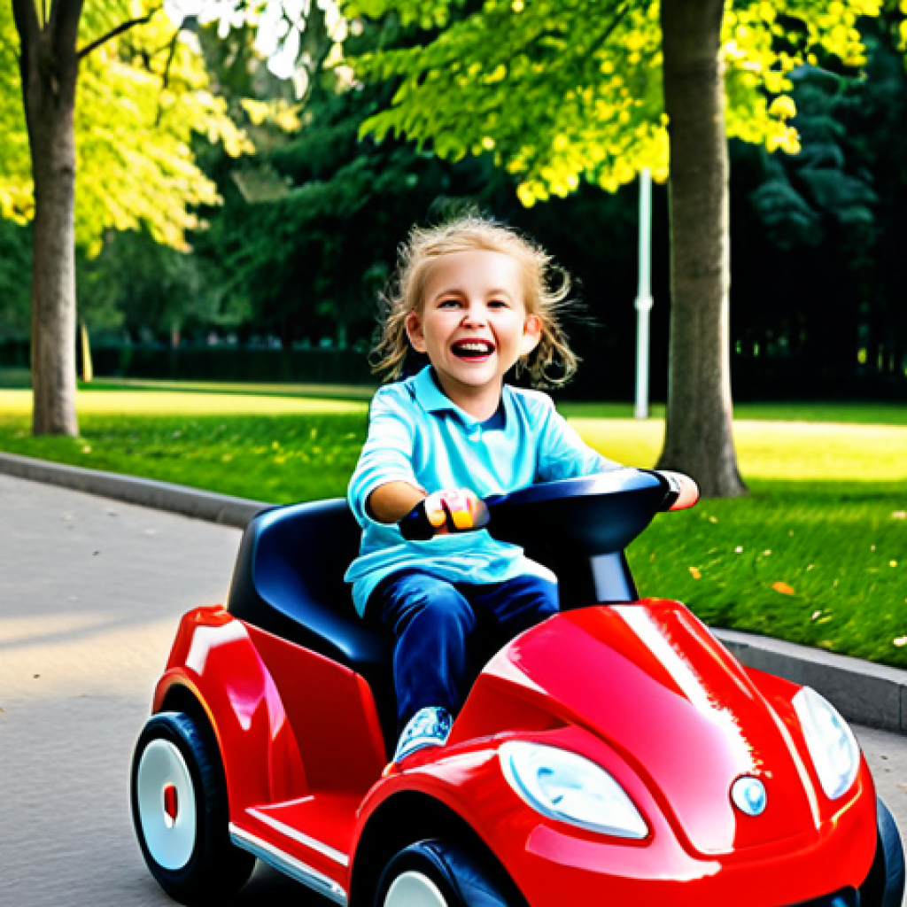 승용완구 스토리 중심 콘텐츠 - A Child's Joyful Ride**
"A happy child, fully clothed in modest attire, riding a red electric ride-...