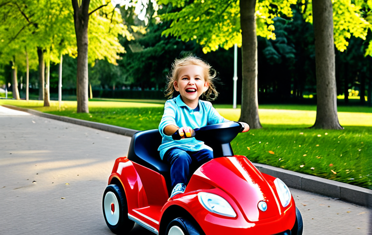 승용완구 스토리 중심 콘텐츠 - A Child's Joyful Ride**
"A happy child, fully clothed in modest attire, riding a red electric ride-...