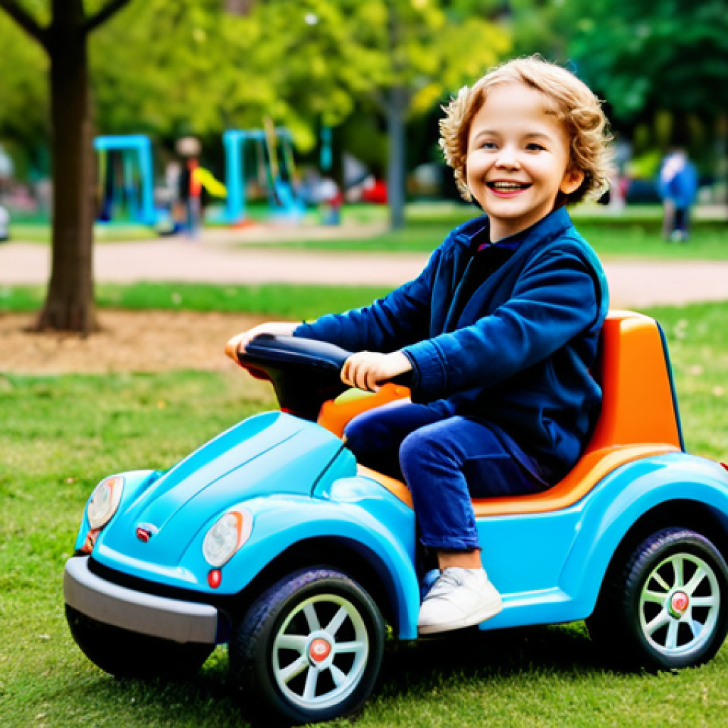 승용완구 사고 방지 센서 - A happy child, fully clothed in colorful, modest attire, riding a sensor-equipped toy car in a safe,...