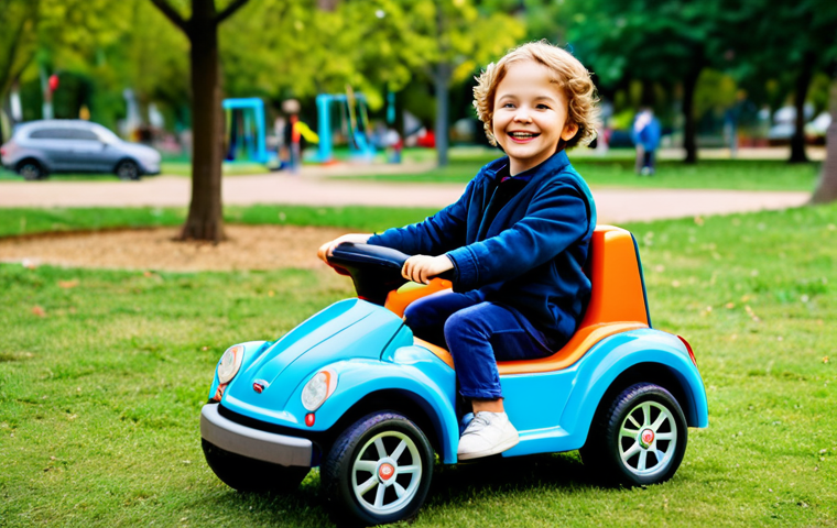 승용완구 사고 방지 센서 - A happy child, fully clothed in colorful, modest attire, riding a sensor-equipped toy car in a safe,...