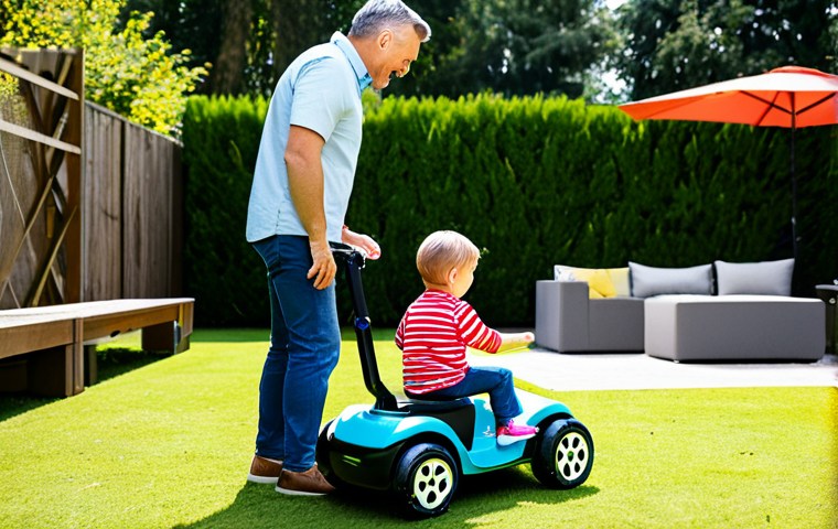 승용완구 사고 방지 센서 - A happy child, fully clothed in colorful, modest attire, riding a sensor-equipped toy car in a safe,...