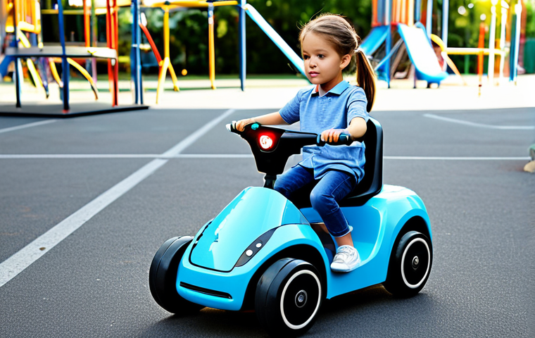 승용완구 사고 방지 센서 - A parent, fully clothed, watching their child play with an AI-powered ride-on toy in a bright, secur...