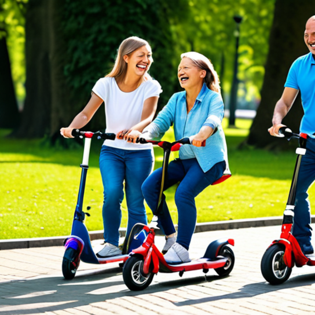 승용완구 대여 서비스 - A vibrant and cheerful image of a fully clothed family in a park, with a selection of ride-on toys (...