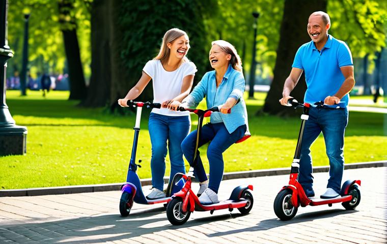 승용완구 대여 서비스 - A vibrant and cheerful image of a fully clothed family in a park, with a selection of ride-on toys (...