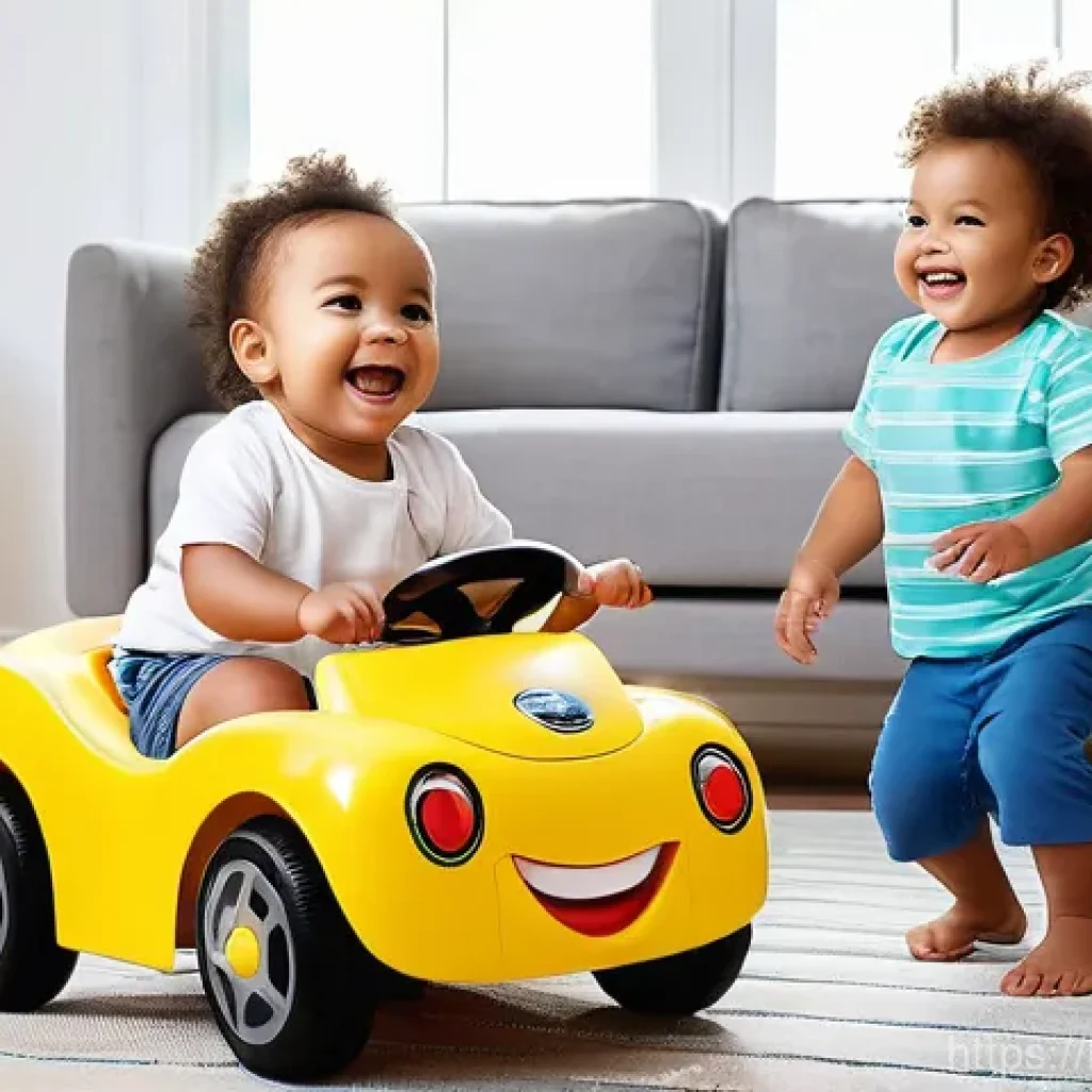 승용완구 실내 사용법 - **Joyful Exploration on Ride-On Toys Indoors:**
A vibrant, brightly lit image capturing two happ...