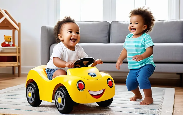승용완구 실내 사용법 - **Joyful Exploration on Ride-On Toys Indoors:**
    A vibrant, brightly lit image capturing two happ...