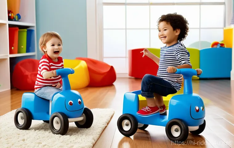 승용완구 실내 사용법 - **Joyful Exploration on Ride-On Toys Indoors:**
    A vibrant, brightly lit image capturing two happ...
