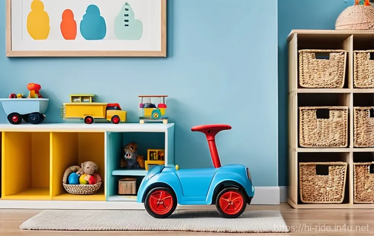 승용완구 보관 방법 - **Indoor Playroom Organization:**
"A brightly lit and cheerful children's playroom, meticulously...