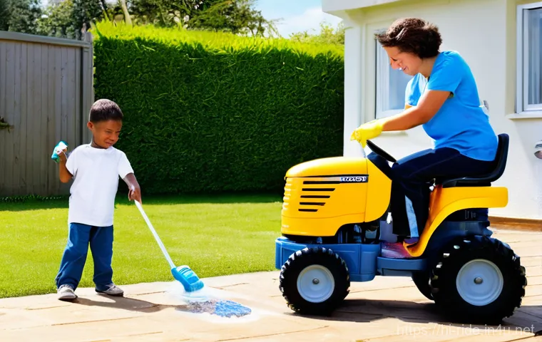 승용완구 보관 방법 - **Outdoor Toy Weather Protection:**
    "A well-maintained backyard or patio area, showcasing effect...