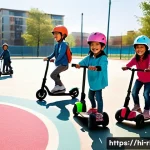 승용완구 안전 사고 사례 - A vibrant outdoor scene featuring Indian children wearing colorful helmets, knee pads, and elbow pad...