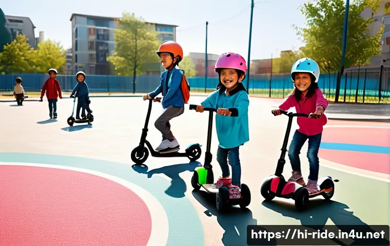 승용완구 안전 사고 사례 - A vibrant outdoor scene featuring Indian children wearing colorful helmets, knee pads, and elbow pad...