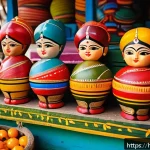 승용완구 국내 생산 제품 - A vibrant scene of traditional Indian wooden toys displayed in a colorful local market stall, featur...