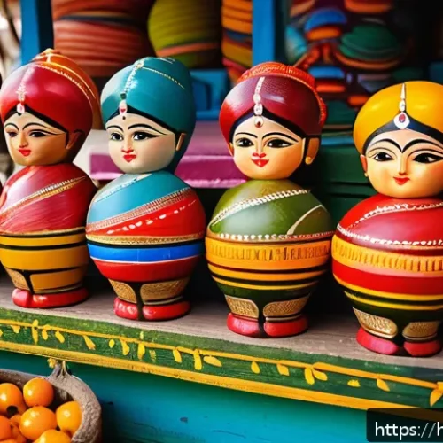 승용완구 국내 생산 제품 - A vibrant scene of traditional Indian wooden toys displayed in a colorful local market stall, featur...