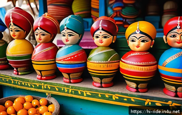 승용완구 국내 생산 제품 - A vibrant scene of traditional Indian wooden toys displayed in a colorful local market stall, featur...