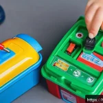 승용완구 배터리 교체 방법 - A detailed close-up scene of a child&rsquo;s electronic toy car battery compartment being carefully opened...
