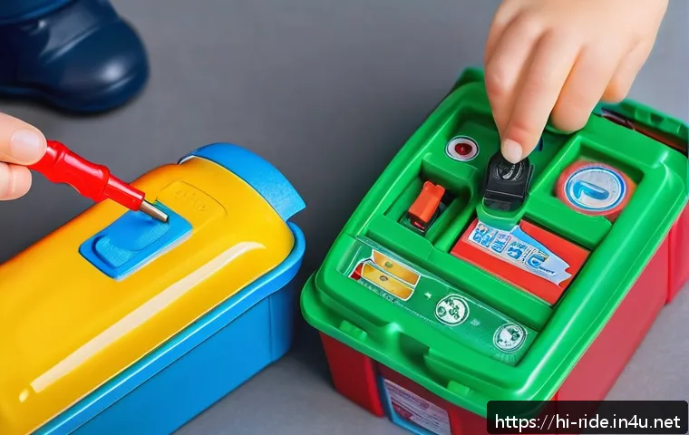 승용완구 배터리 교체 방법 - A detailed close-up scene of a child&rsquo;s electronic toy car battery compartment being carefully opened...