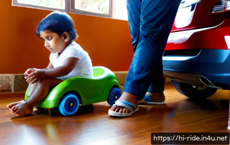 승용완구 품질 인증 - Photorealistic product safety inspection of a sturdy colorful ride-on toy car in a bright Indian fam...