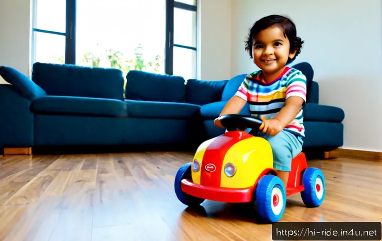 승용완구 쿠팡 인기 상품 - Photorealistic product lifestyle scene of a cheerful toddler wearing a colorful shirt, shorts, and s...